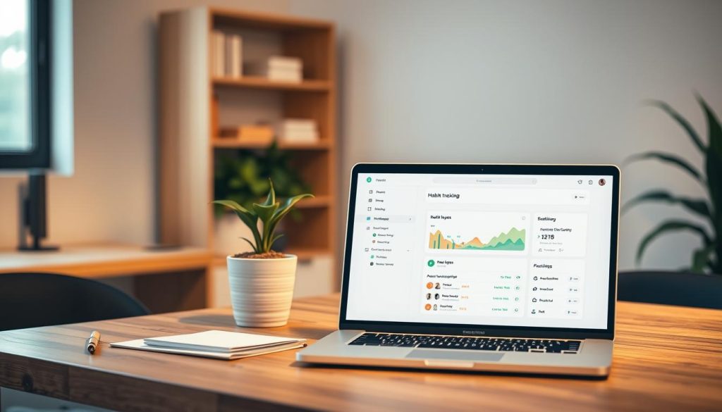 A clean, modern desktop workspace featuring the HabitTube app. Warm lighting illuminates a wooden table, with a laptop, pen, and a potted plant in the foreground. The HabitTube app is displayed prominently on the laptop screen, its interface showcasing customizable habit tracking tools and progress visualizations. In the background, a minimalist bookshelf and a large window provide a sense of depth and natural ambiance. The overall composition conveys a productive, focused, and serene environment conducive to habit formation and personal growth. A clean, modern desktop workspace featuring the HabitTube app. Warm lighting illuminates a wooden table, with a laptop, pen, and a potted plant in the foreground. The HabitTube app is displayed prominently on the laptop screen, its interface showcasing customizable habit tracking tools and progress visualizations. In the background, a minimalist bookshelf and a large window provide a sense of depth and natural ambiance. The overall composition conveys a productive, focused, and serene environment conducive to habit formation and personal growth.