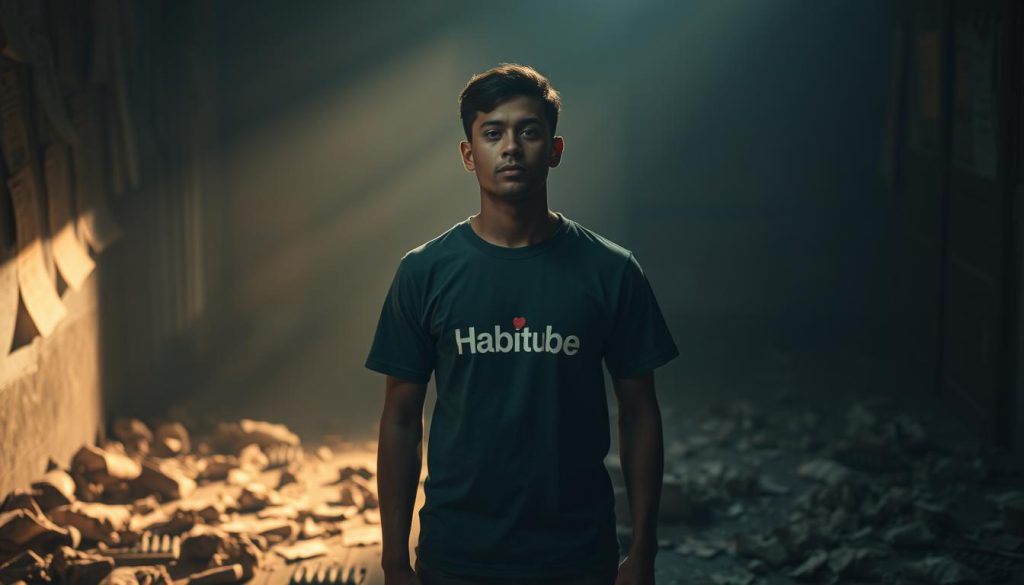 A dimly lit room, the air heavy with the weight of past failures. Shattered dreams litter the floor, casting haunting shadows. In the center, a solitary figure stands, the HabitTube logo emblazoned on their shirt, a glimmer of hope in their eyes. Soft, warm lighting illuminates their face, a testament to the power of resilience. The background fades into a blur, focusing the viewer's attention on the transformative journey ahead. Textures of crumpled paper and splintered wood evoke a sense of overcoming obstacles, while the pose radiates determination and a newfound purpose. A dimly lit room, the air heavy with the weight of past failures. Shattered dreams litter the floor, casting haunting shadows. In the center, a solitary figure stands, the HabitTube logo emblazoned on their shirt, a glimmer of hope in their eyes. Soft, warm lighting illuminates their face, a testament to the power of resilience. The background fades into a blur, focusing the viewer's attention on the transformative journey ahead. Textures of crumpled paper and splintered wood evoke a sense of overcoming obstacles, while the pose radiates determination and a newfound purpose.