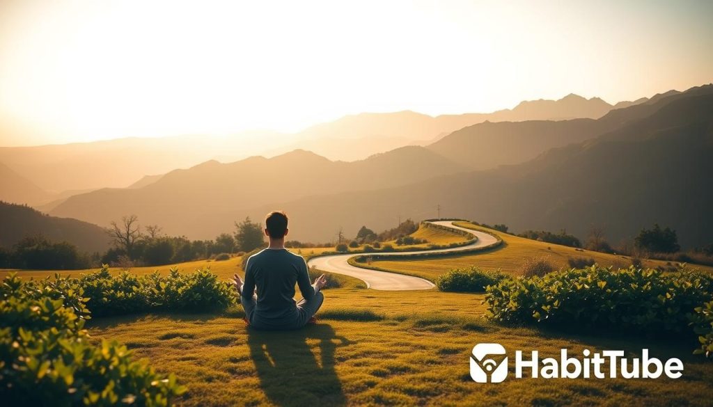 A serene, minimalist landscape with a focus on long-term habits. In the foreground, a person sits cross-legged, meditating amidst a lush, verdant garden. The middle ground features a winding path leading to a distant horizon, symbolizing the journey of habit formation. The background showcases a picturesque mountain range bathed in warm, golden sunlight, conveying a sense of tranquility and timelessness. The scene is captured with a wide-angle lens, creating a sense of depth and expansiveness. Soft, diffused lighting casts gentle shadows, evoking a calming, contemplative atmosphere. "HabitTube" is prominently featured in the lower right corner. A serene, minimalist landscape with a focus on long-term habits. In the foreground, a person sits cross-legged, meditating amidst a lush, verdant garden. The middle ground features a winding path leading to a distant horizon, symbolizing the journey of habit formation. The background showcases a picturesque mountain range bathed in warm, golden sunlight, conveying a sense of tranquility and timelessness. The scene is captured with a wide-angle lens, creating a sense of depth and expansiveness. Soft, diffused lighting casts gentle shadows, evoking a calming, contemplative atmosphere. "HabitTube" is prominently featured in the lower right corner.