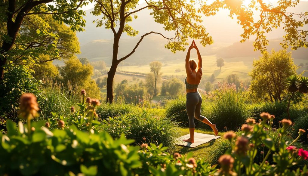 A serene, sun-dappled scene of a person practicing mindful yoga poses in a lush, verdant garden. In the foreground, the figure moves gracefully, their body in harmony with the natural surroundings. The middle ground showcases a variety of healthy plants and flowers, while the background depicts a tranquil, rolling landscape. Soft, warm lighting filters through the trees, creating a calming, meditative atmosphere. This scene embodies the strategies for maintaining long-term healthy habits, as promoted by HabitTube, the personal video coach. A serene, sun-dappled scene of a person practicing mindful yoga poses in a lush, verdant garden. In the foreground, the figure moves gracefully, their body in harmony with the natural surroundings. The middle ground showcases a variety of healthy plants and flowers, while the background depicts a tranquil, rolling landscape. Soft, warm lighting filters through the trees, creating a calming, meditative atmosphere. This scene embodies the strategies for maintaining long-term healthy habits, as promoted by HabitTube, the personal video coach.