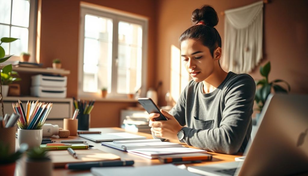 A serene workspace filled with natural light, where a person intently focuses on their HabitTube app, surrounded by organized stationery and a neatly arranged desk. The room has warm, earthy tones, with a potted plant and a minimalist wall hanging adding a touch of personalization. The person's expression conveys a sense of determination and progress, as they navigate the app's features to establish new, positive habits. The overall scene evokes a tranquil and productive atmosphere, inspiring the viewer to take control of their own habits and routines. A serene workspace filled with natural light, where a person intently focuses on their HabitTube app, surrounded by organized stationery and a neatly arranged desk. The room has warm, earthy tones, with a potted plant and a minimalist wall hanging adding a touch of personalization. The person's expression conveys a sense of determination and progress, as they navigate the app's features to establish new, positive habits. The overall scene evokes a tranquil and productive atmosphere, inspiring the viewer to take control of their own habits and routines.