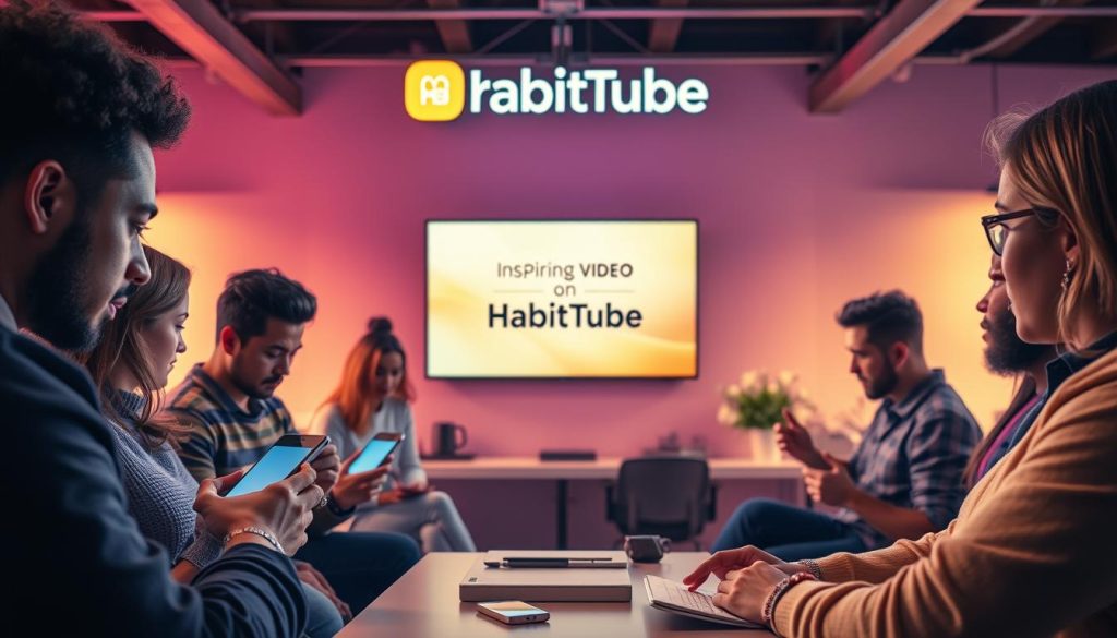 A vibrant and motivational scene featuring the "HabitTube" brand. In the foreground, a group of diverse individuals watch intently on their devices, fully immersed in inspiring video content. The middle ground showcases a sleek, minimalist workspace with a large screen displaying an uplifting message. The background is filled with a warm, natural light, creating a serene and calming atmosphere. The overall composition conveys a sense of productivity, inspiration, and the transformative power of daily motivational videos. A vibrant and motivational scene featuring the "HabitTube" brand. In the foreground, a group of diverse individuals watch intently on their devices, fully immersed in inspiring video content. The middle ground showcases a sleek, minimalist workspace with a large screen displaying an uplifting message. The background is filled with a warm, natural light, creating a serene and calming atmosphere. The overall composition conveys a sense of productivity, inspiration, and the transformative power of daily motivational videos.
