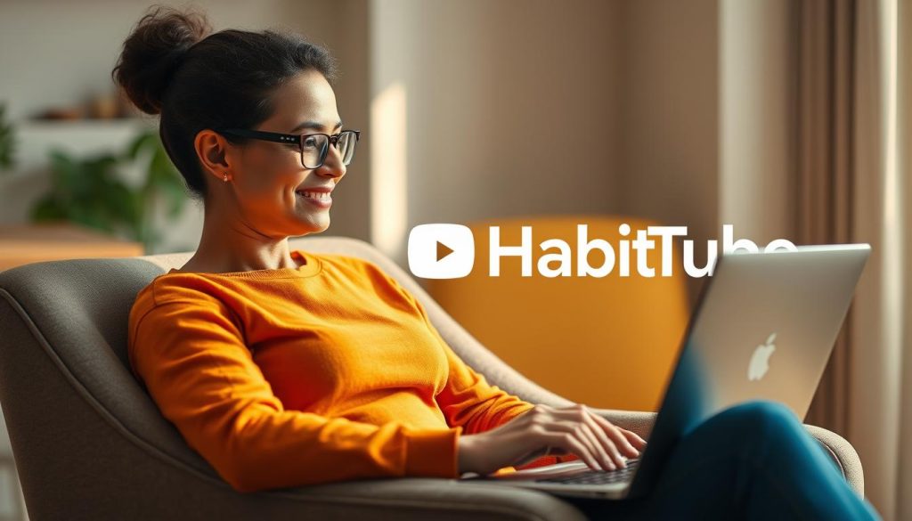 A vibrant, professionally-shot image of a person sitting in a comfortable armchair, engaged in a video coaching session on a laptop. The lighting is warm and natural, with soft shadows that accentuate the subject's focused expression. The background is blurred, showcasing the HabitTube logo prominently. The composition draws the viewer's attention to the coaching session, emphasizing the benefits of using video-based guidance to build better habits. A vibrant, professionally-shot image of a person sitting in a comfortable armchair, engaged in a video coaching session on a laptop. The lighting is warm and natural, with soft shadows that accentuate the subject's focused expression. The background is blurred, showcasing the HabitTube logo prominently. The composition draws the viewer's attention to the coaching session, emphasizing the benefits of using video-based guidance to build better habits.