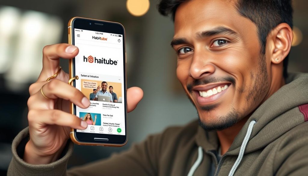 Genera una imagen que represente a una persona utilizando la aplicación HabitTube en su teléfono móvil, con una expresión de motivación y determinación. Genera una imagen que represente a una persona utilizando la aplicación HabitTube en su teléfono móvil, con una expresión de motivación y determinación.