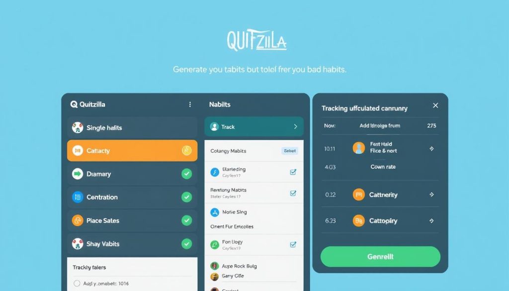 Generar imagen de la aplicación Quitzilla mostrando su interfaz de usuario para el seguimiento de malos hábitos. Generar imagen de la aplicación Quitzilla mostrando su interfaz de usuario para el seguimiento de malos hábitos.