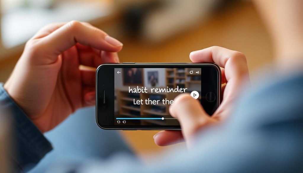 Generar imagen de una persona viendo un video en su teléfono con un recordatorio de hábito personalizado Generar imagen de una persona viendo un video en su teléfono con un recordatorio de hábito personalizado