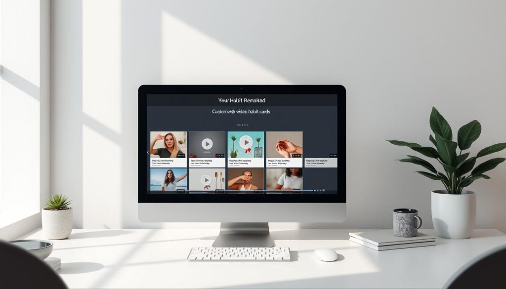 Personalized video habit reminders with a minimalist, modern aesthetic. A clean, uncluttered composition depicting a desktop or mobile device screen displaying the HabitTube app interface. The screen shows a series of customizable video habit cards, each with a distinct thumbnail and title. Soft, natural lighting illuminates the scene, creating a calm, focused atmosphere. The layout is balanced and visually appealing, highlighting the personalized nature of the habit tracking experience. The overall mood conveys productivity, organization, and a sense of control over one's daily routine. Personalized video habit reminders with a minimalist, modern aesthetic. A clean, uncluttered composition depicting a desktop or mobile device screen displaying the HabitTube app interface. The screen shows a series of customizable video habit cards, each with a distinct thumbnail and title. Soft, natural lighting illuminates the scene, creating a calm, focused atmosphere. The layout is balanced and visually appealing, highlighting the personalized nature of the habit tracking experience. The overall mood conveys productivity, organization, and a sense of control over one's daily routine.